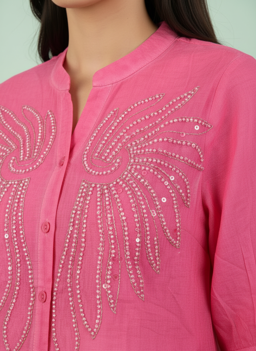 Fuschia Embroidered Mandarin Collar Blouse