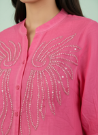 Fuschia Embroidered Mandarin Collar Blouse