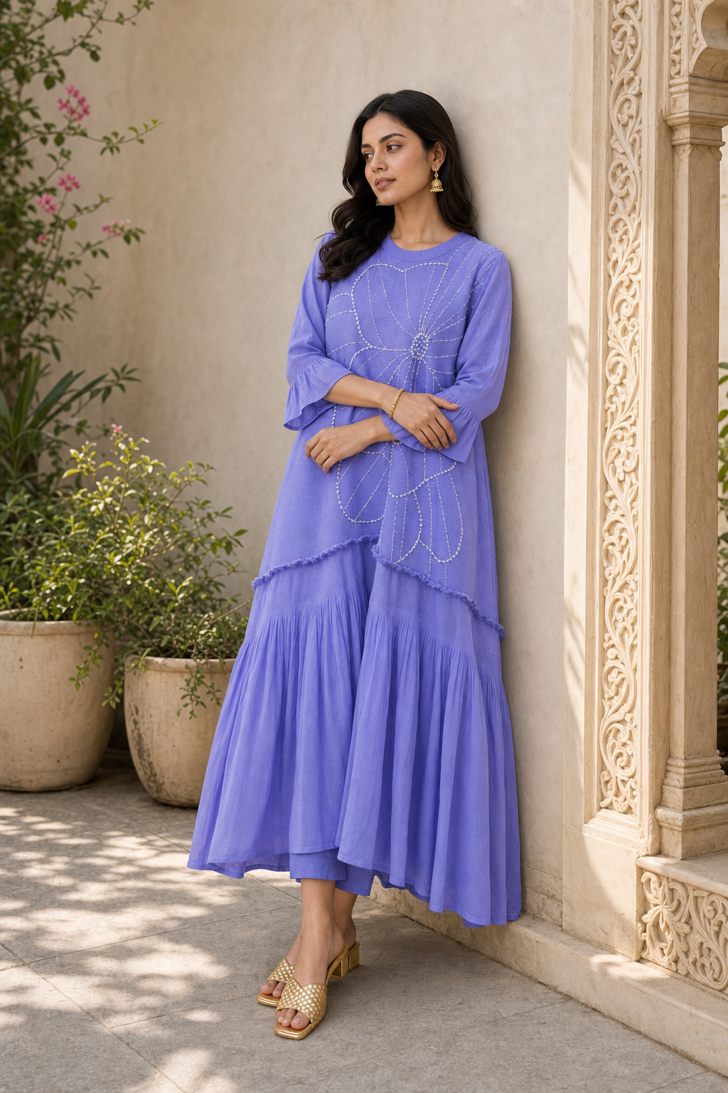 Lilac Pearl Pleated Dress