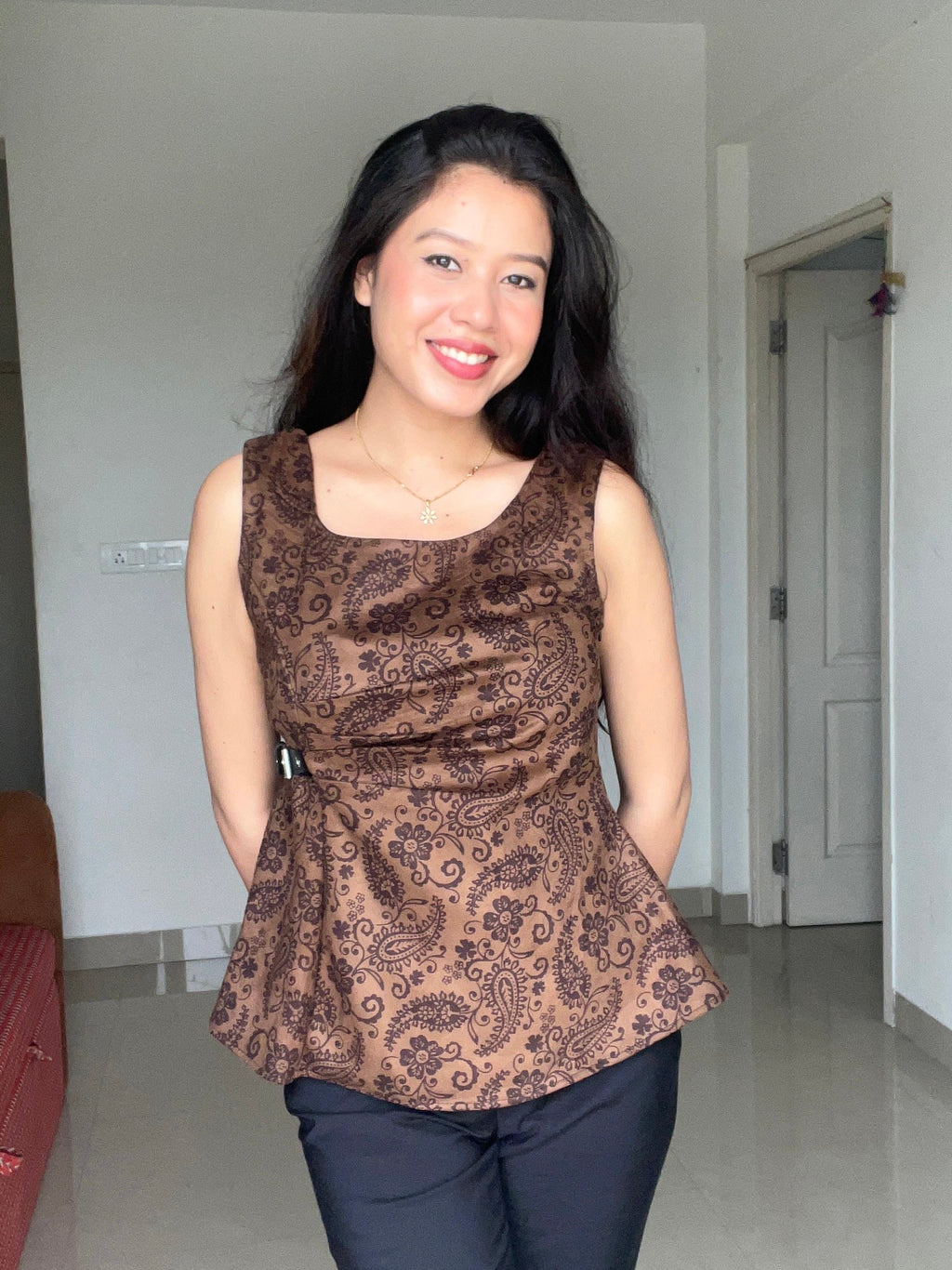Mocha Paisley Peplum Top