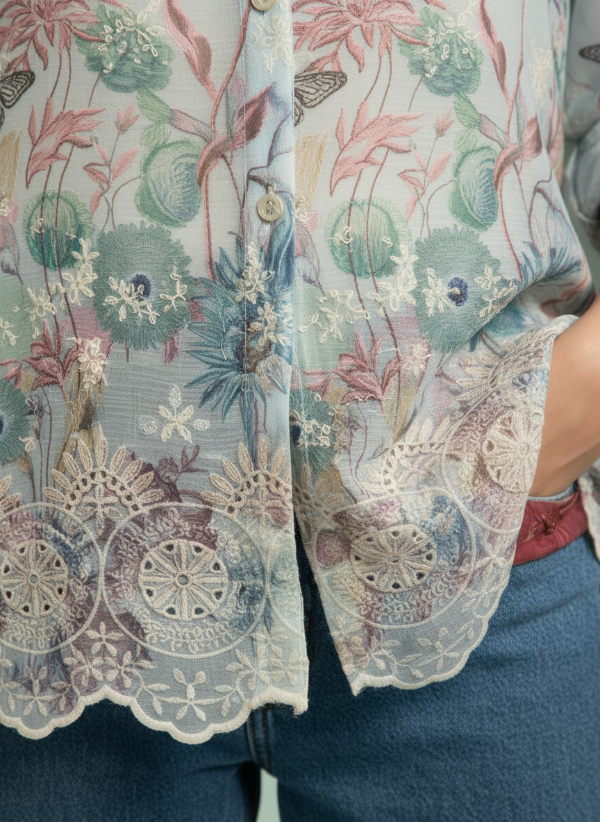Butterfly Garden Embroidered Sheer Shirt