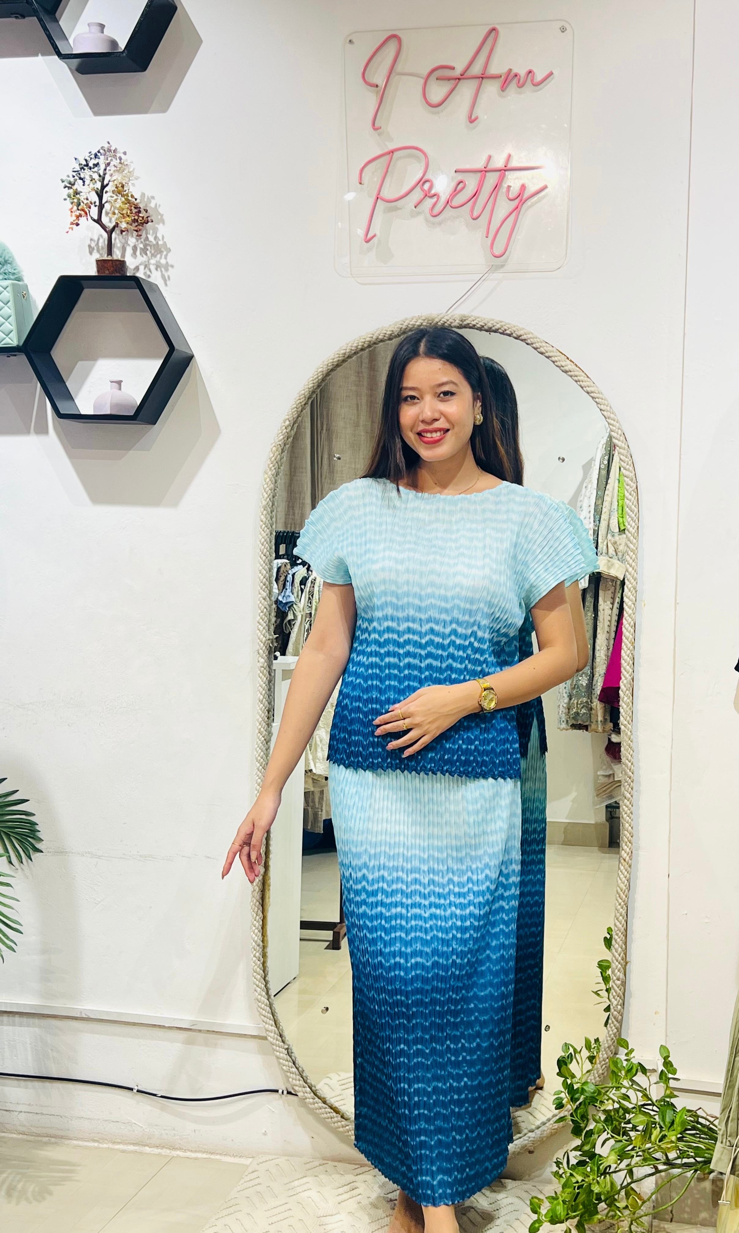 The Azure Tide Ombre Pleated Set