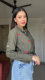 Heart-Embroidered Button-Down Relaxed Shirt