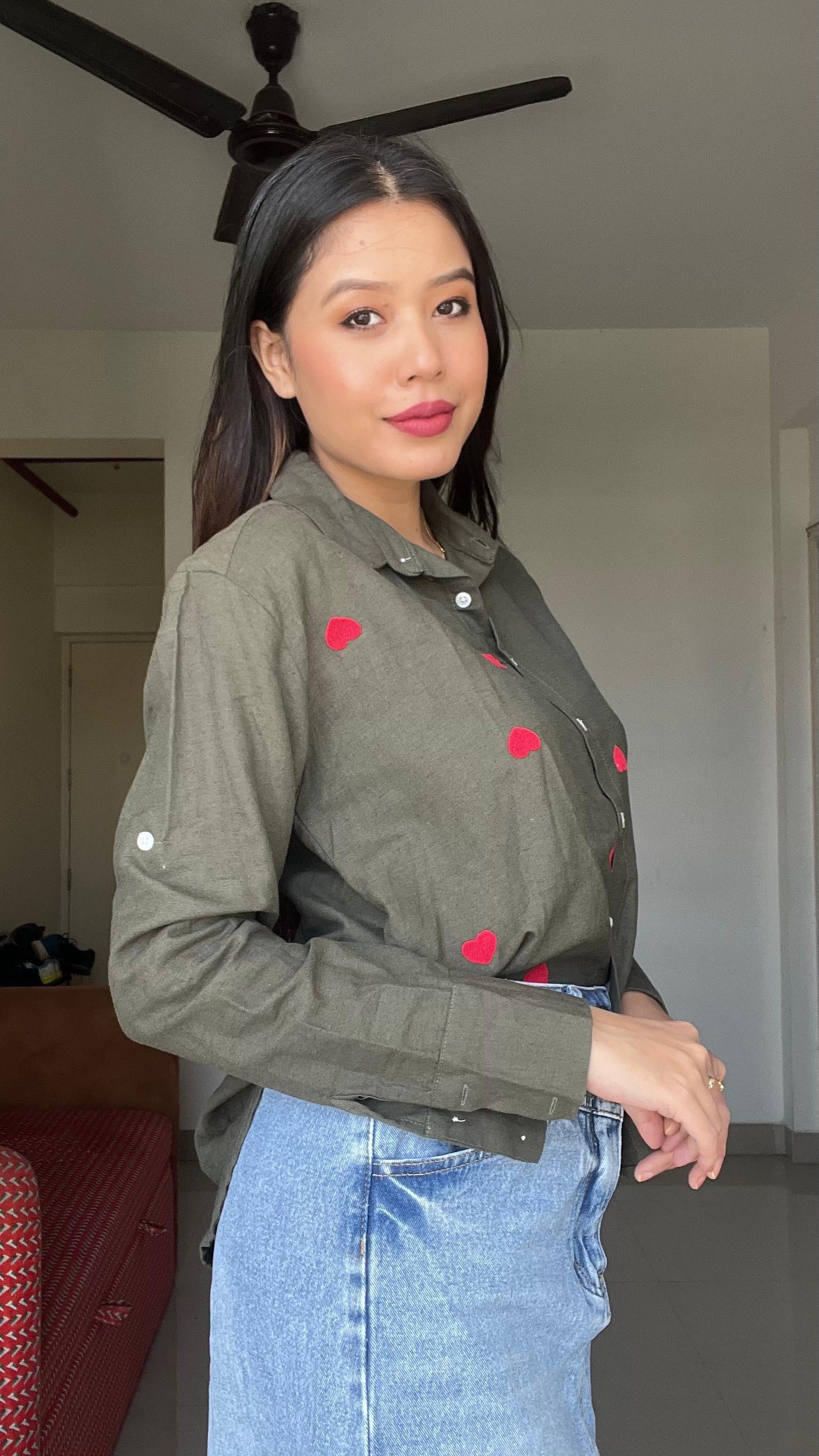 Heart-Embroidered Button-Down Relaxed Shirt