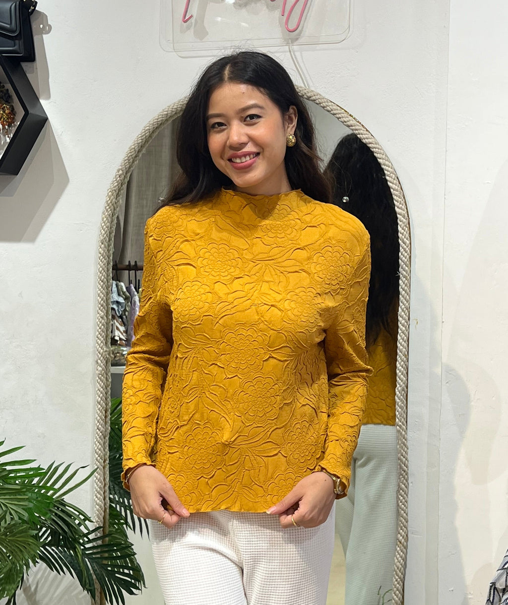 Marigold Embossed Floral Mock-Neck Top