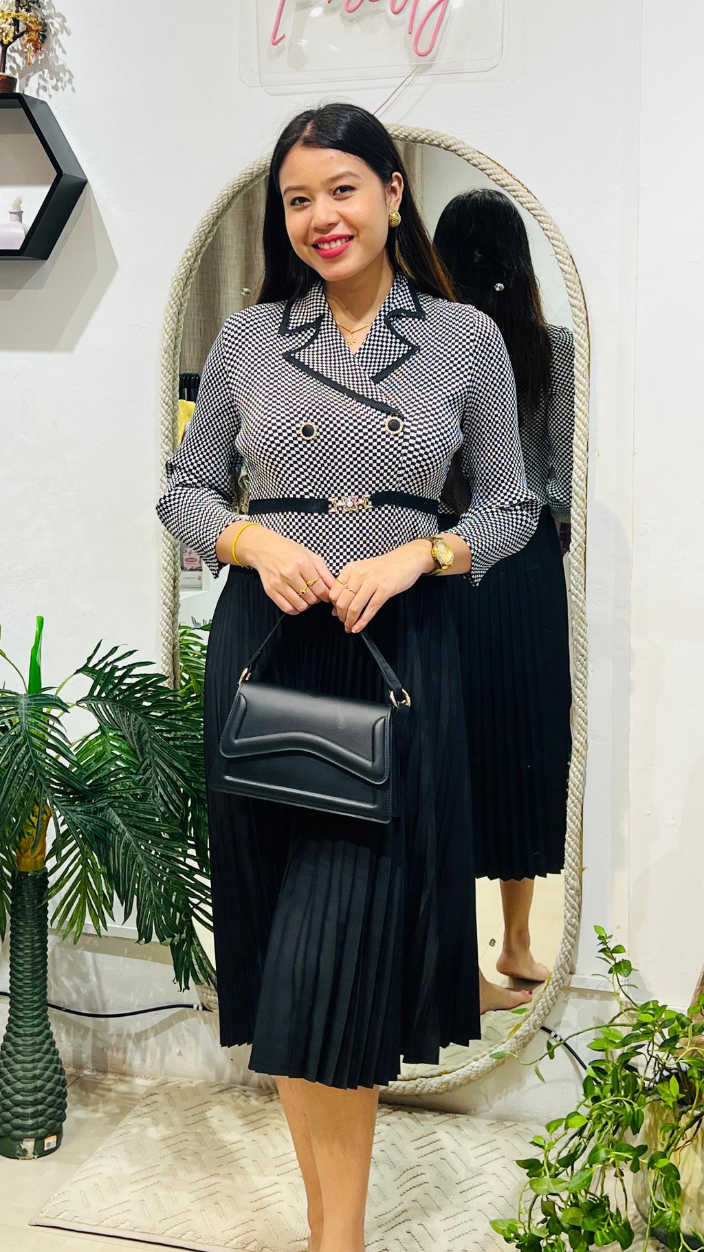 Monochrome Blazer-Style Pleated Midi Dress