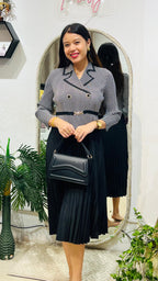 Monochrome Blazer-Style Pleated Midi Dress