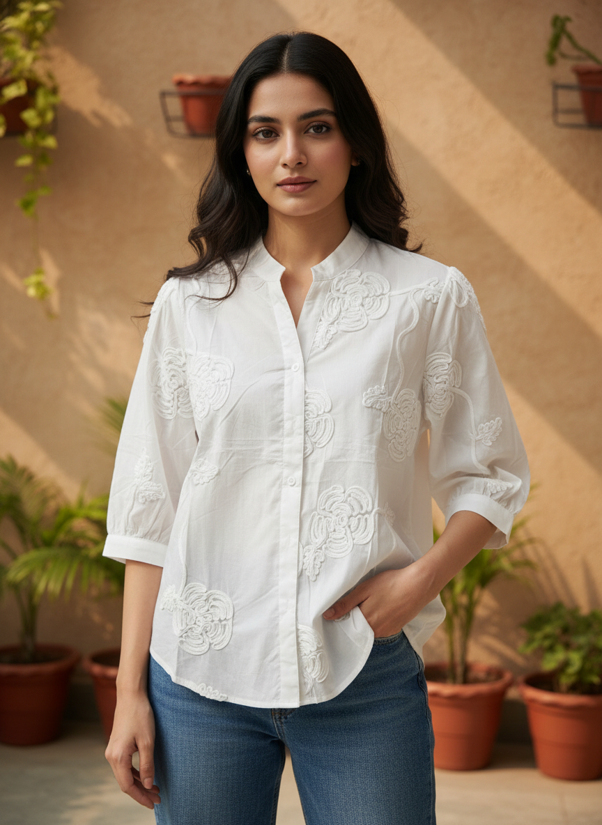 Ivory Corded Bloom Mandarin Blouse