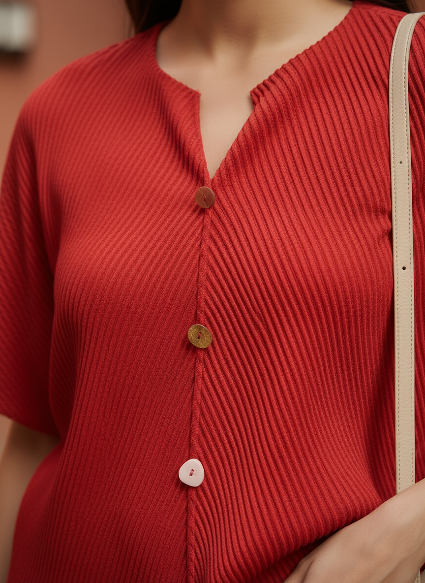 Red Textured Button-Down Top