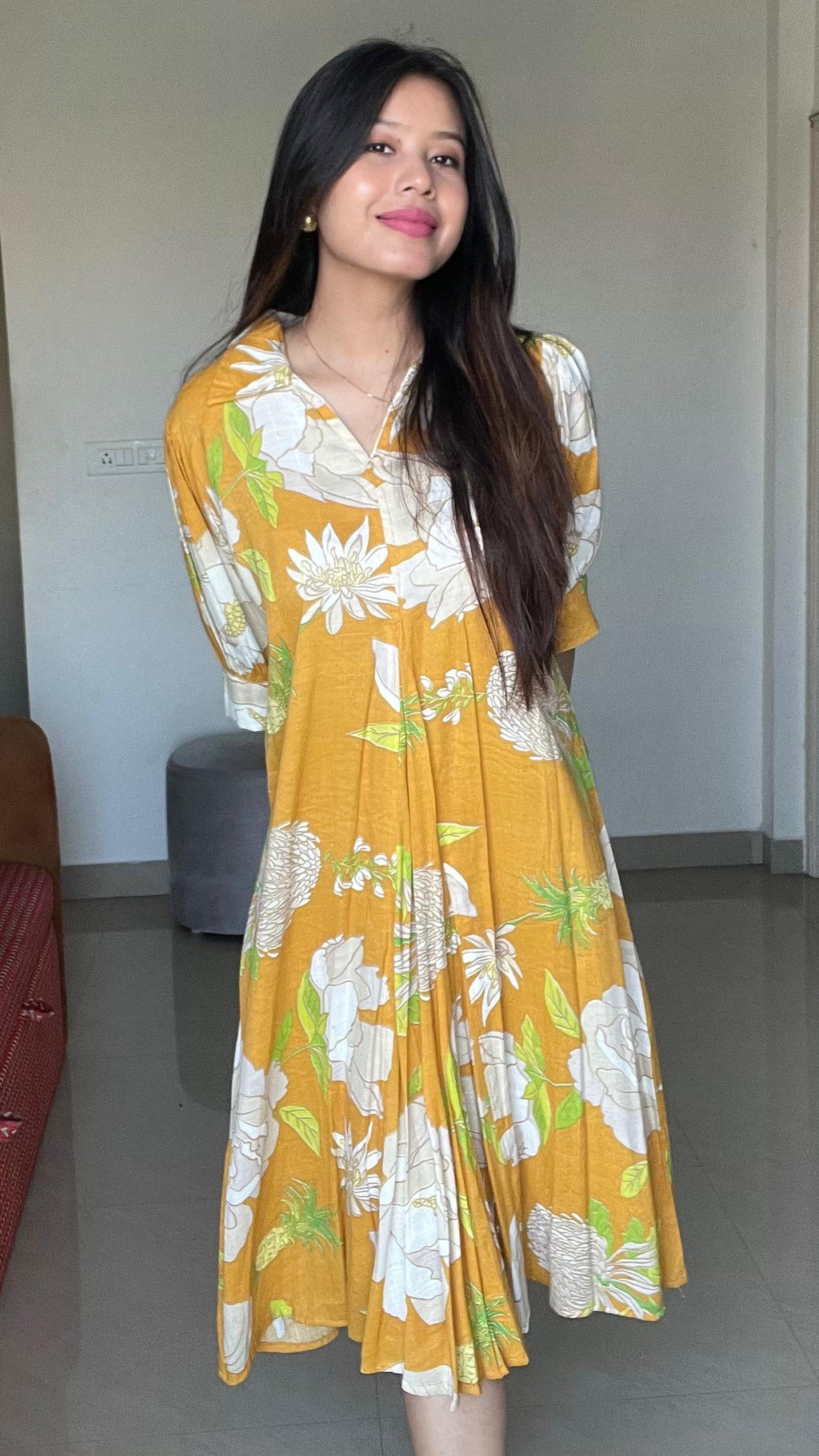 Sun-Drenched Mustard Floral Midi Dress
