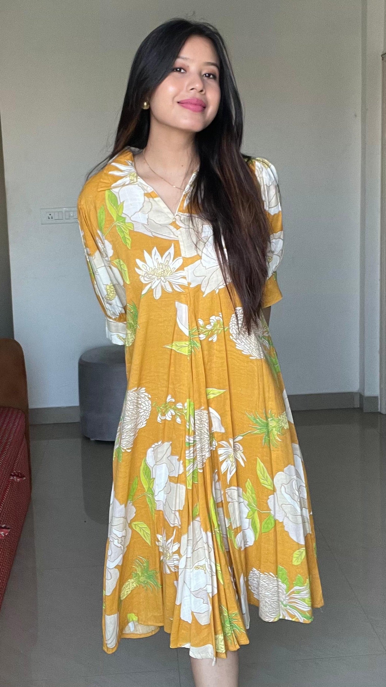 Sun-Drenched Mustard Floral Midi Dress