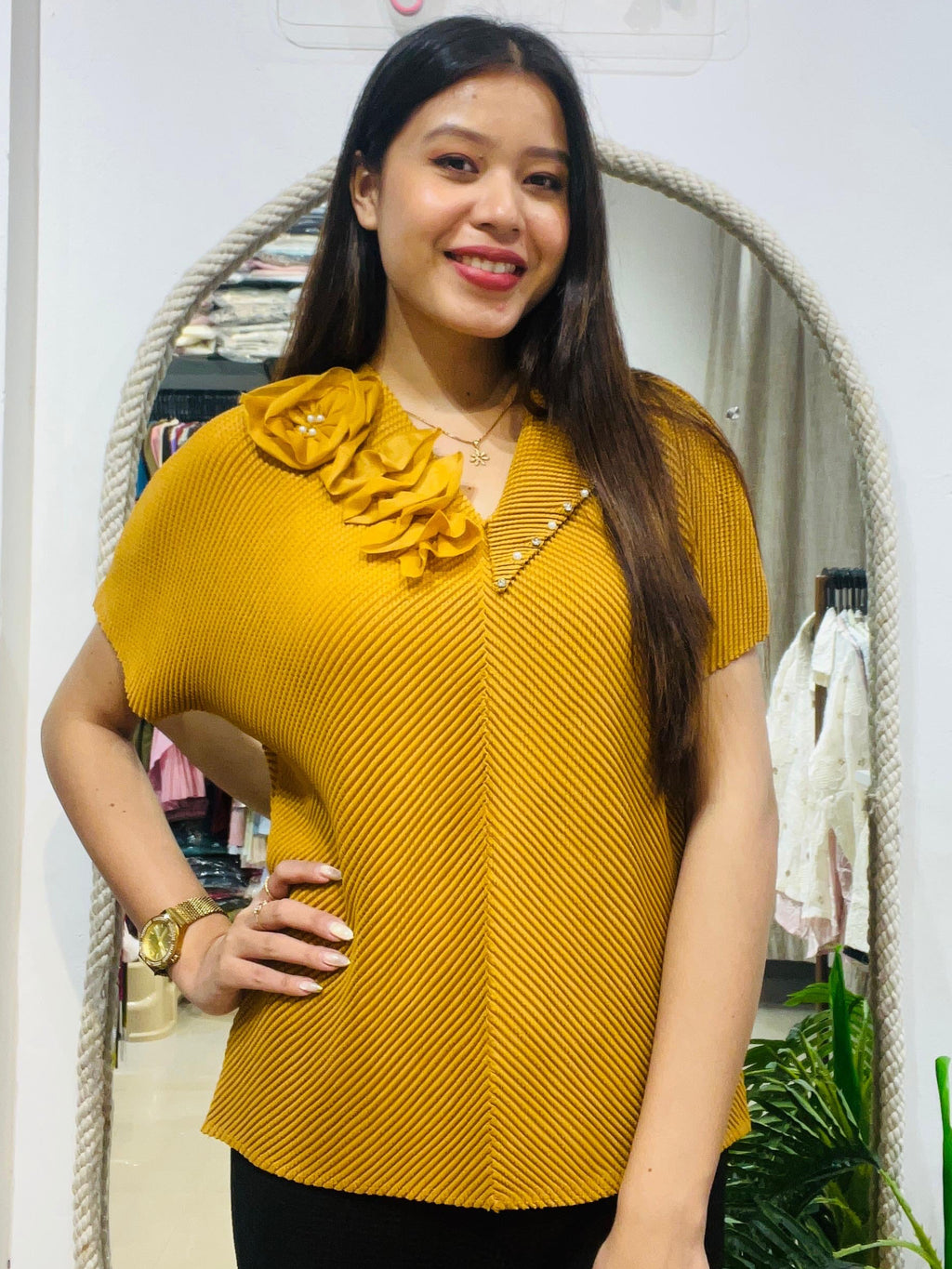 Floral Embellished V-Neck Pleated Blouse - Plus Size Friendly