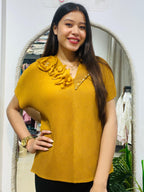 Floral Embellished V-Neck Pleated Blouse - Plus Size Friendly