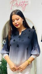 Ombré Petal-Accented Pleated Tunic Top