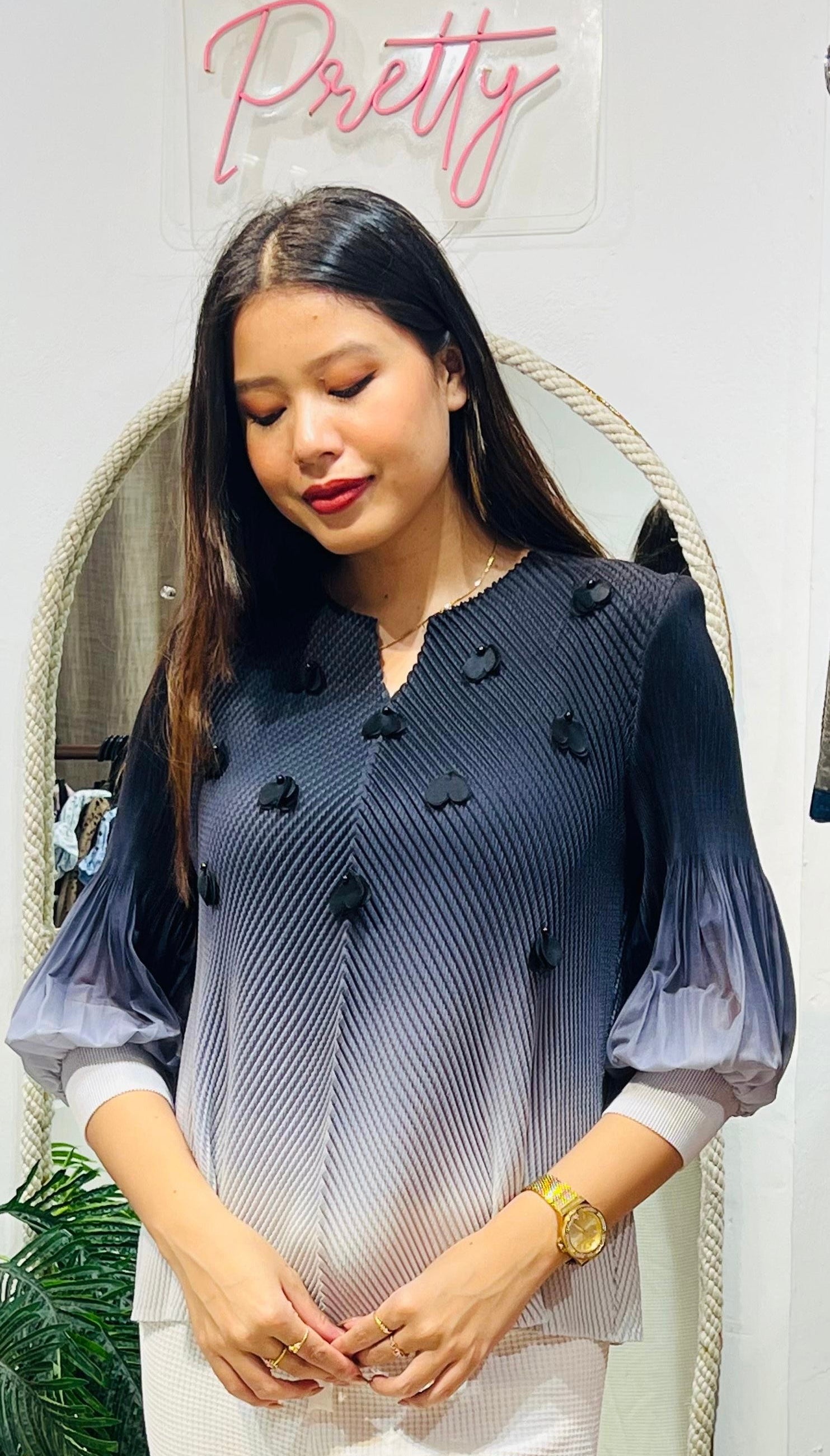 Ombré Petal-Accented Pleated Tunic Top