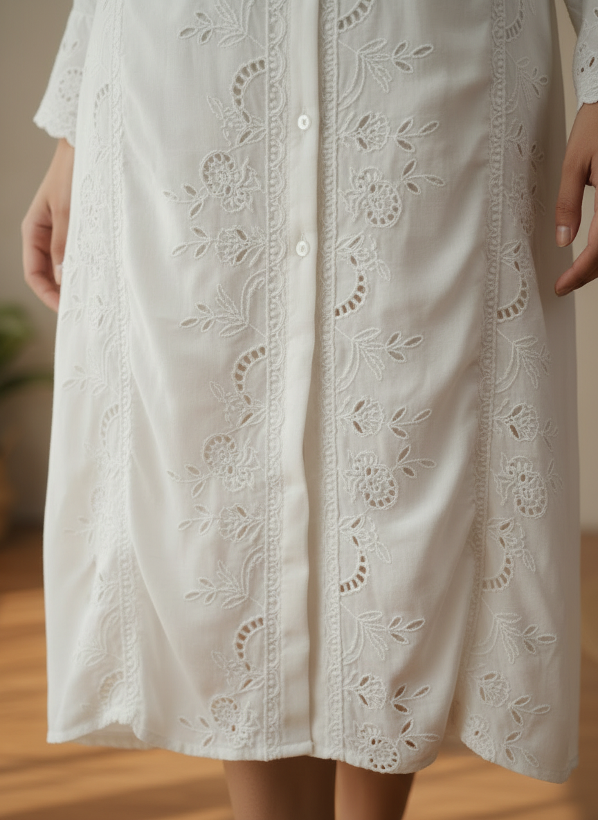 White Eyelet Embroidery Shirt Dress