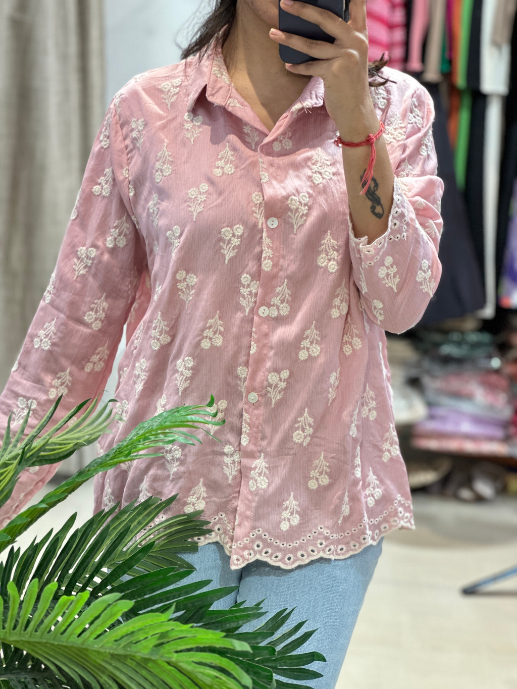 Linen Silk Threadwork shirt- Baby Pink