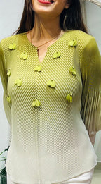 Ombré Petal-Accented Pleated Tunic Top