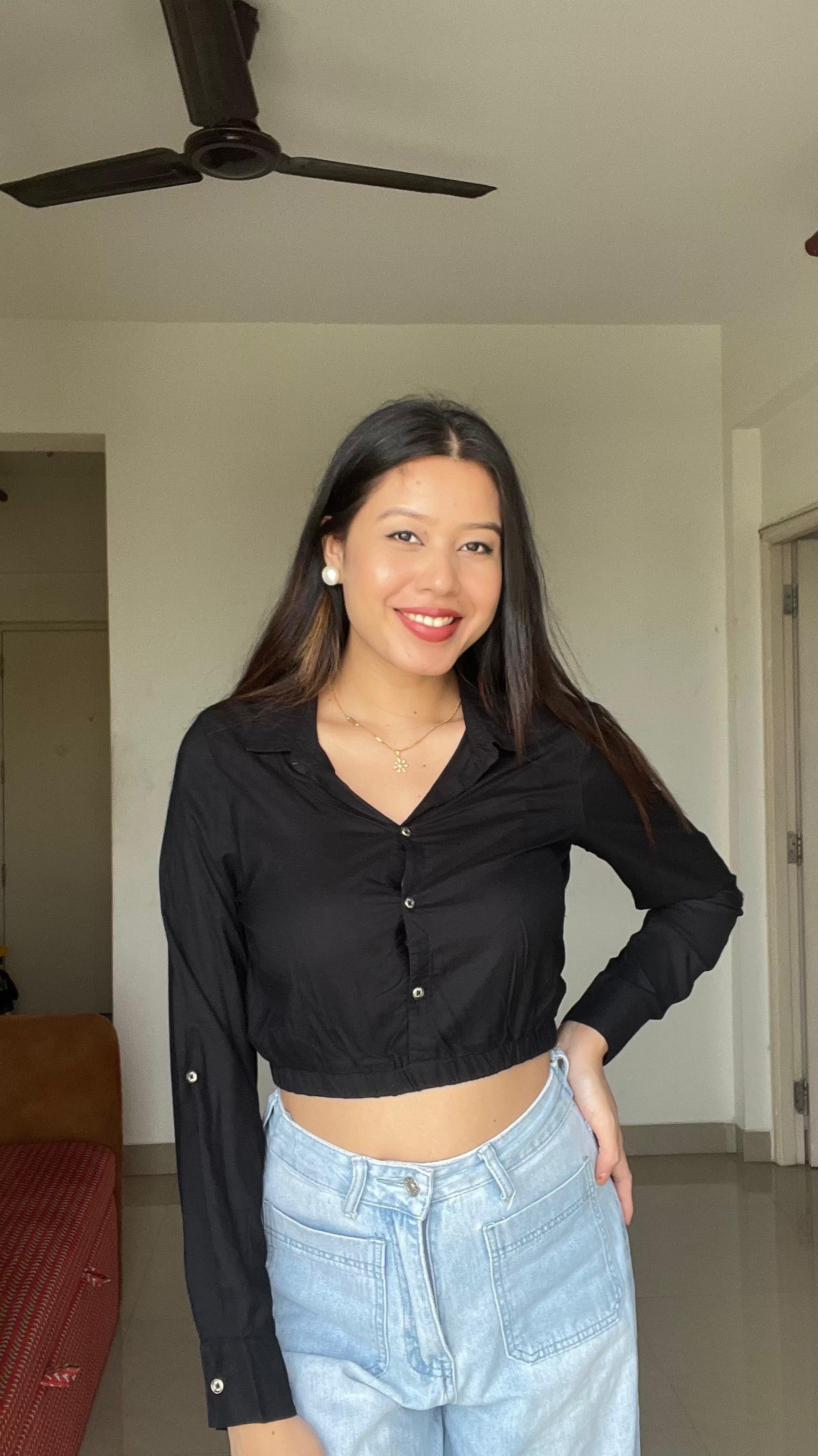 Black Elastic-Hem Crop Shirt