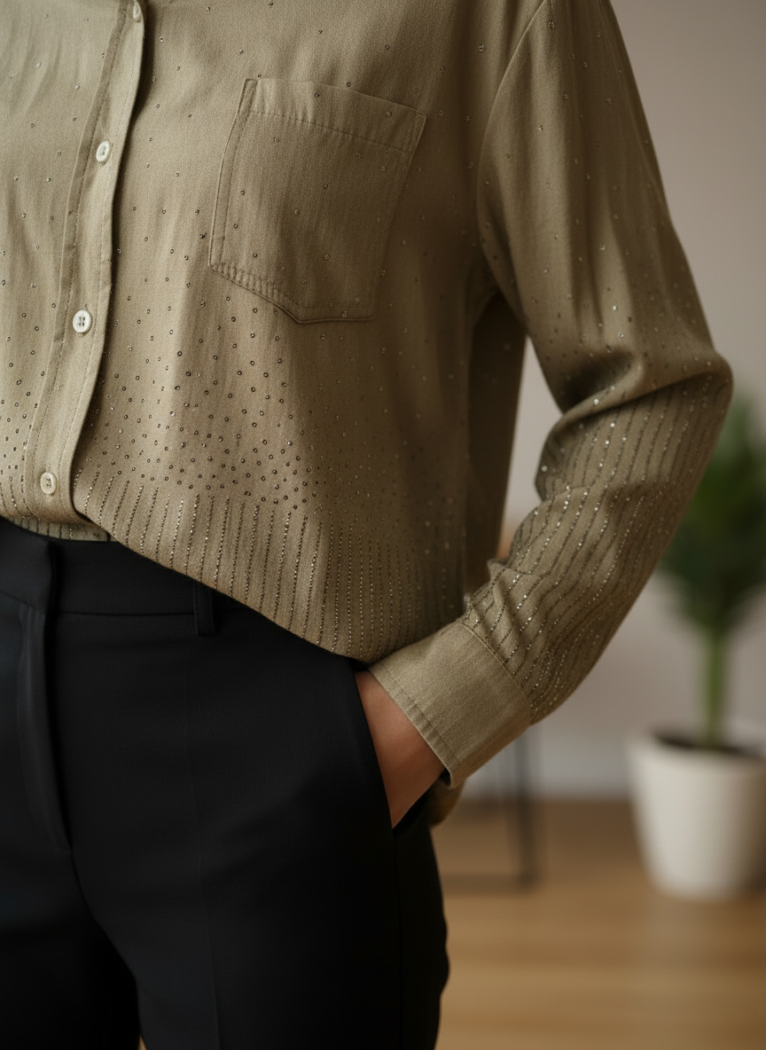 The Celestia Embellished Button-Down in Olive