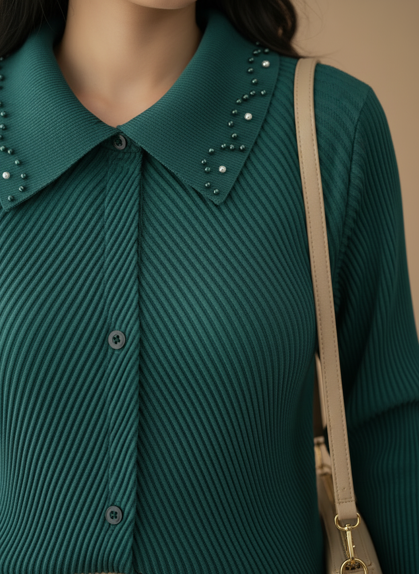 Esme Pearl-Embellished Plissé Cardigan – Deep Emerald