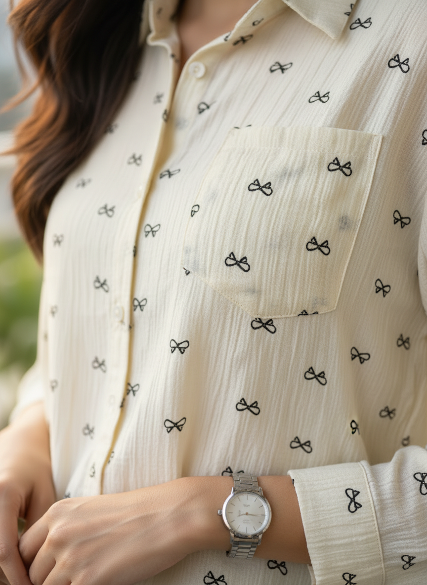 Petite Bow Embroidered Muslin Shirt