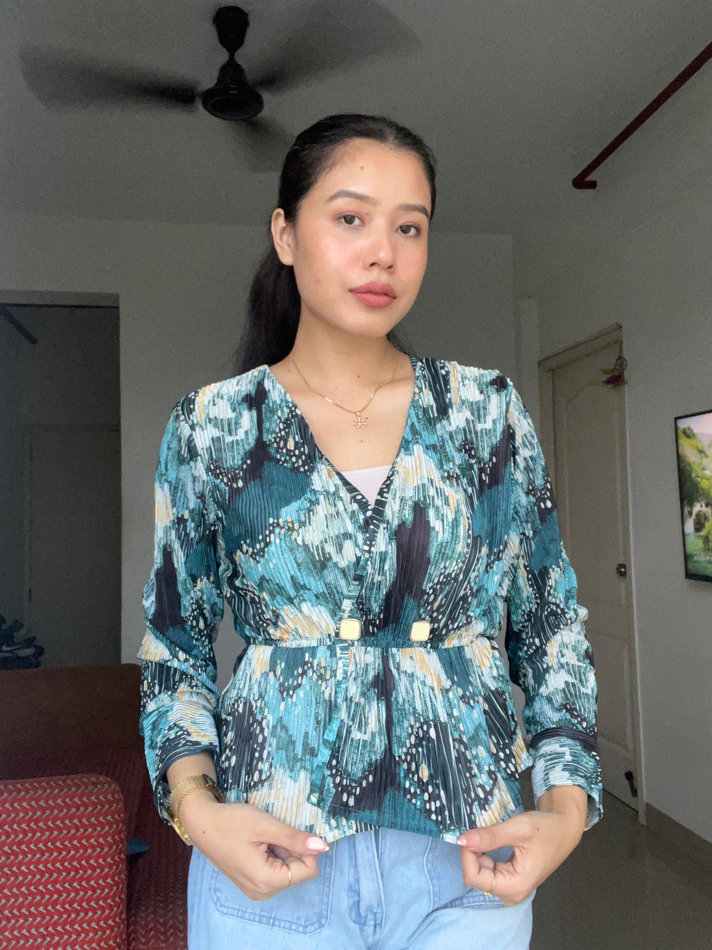 Ocean Mist Abstract Wrap Top