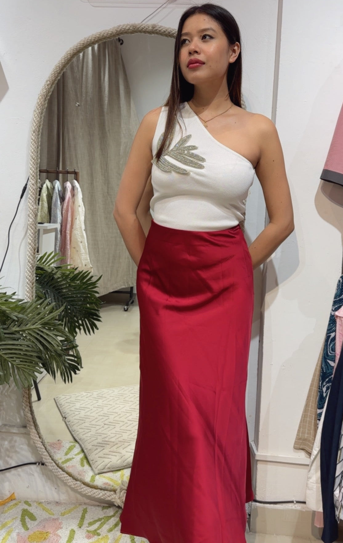 The "Ruby Radiance" Satin Maxi Skirt