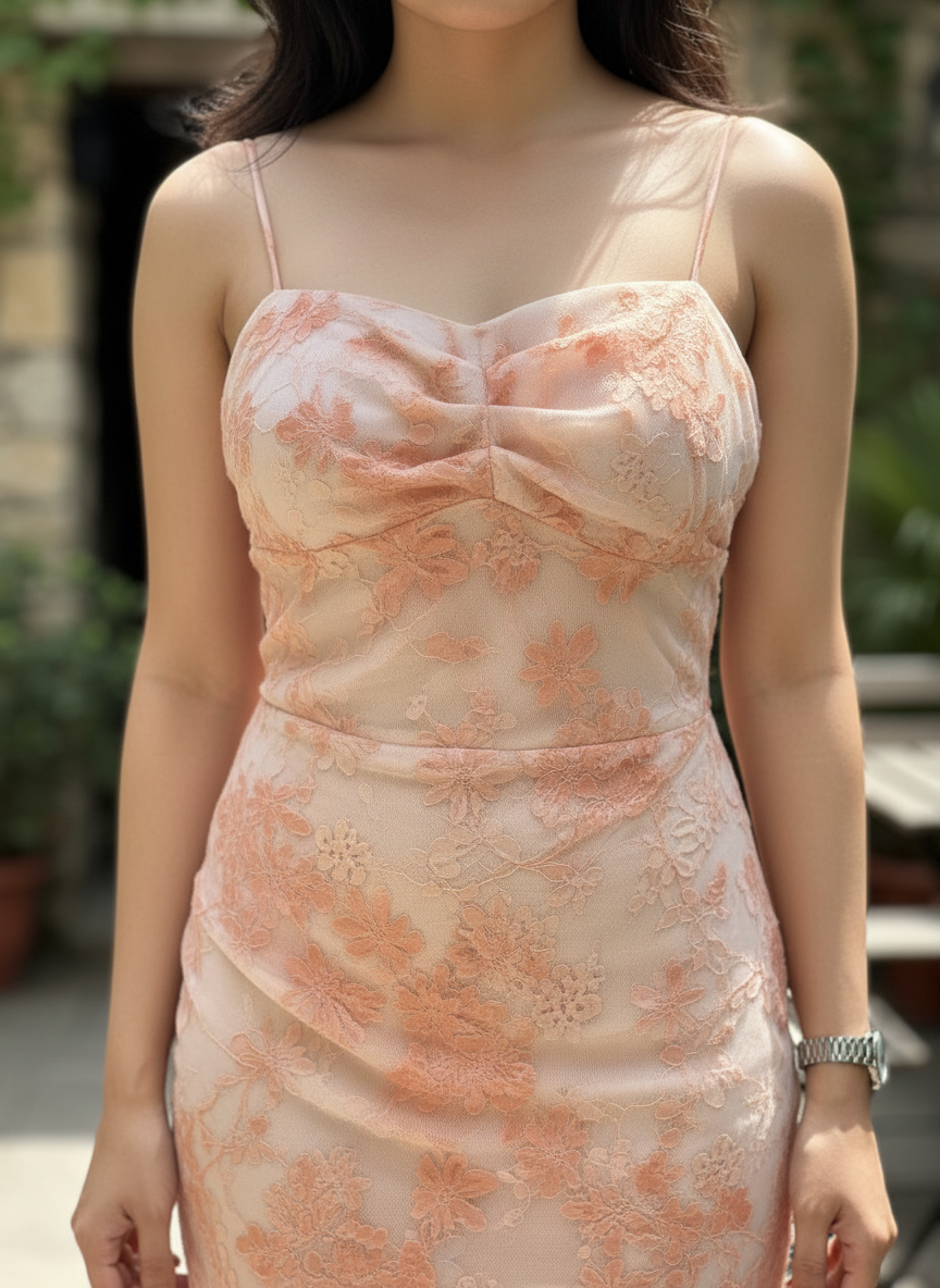 Peach Blossom Lace Midi Dress