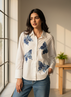 Indigo Butterfly Oversized White Shirt