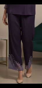 The Elara Lace-Trim Pleated Suit Set- Wine