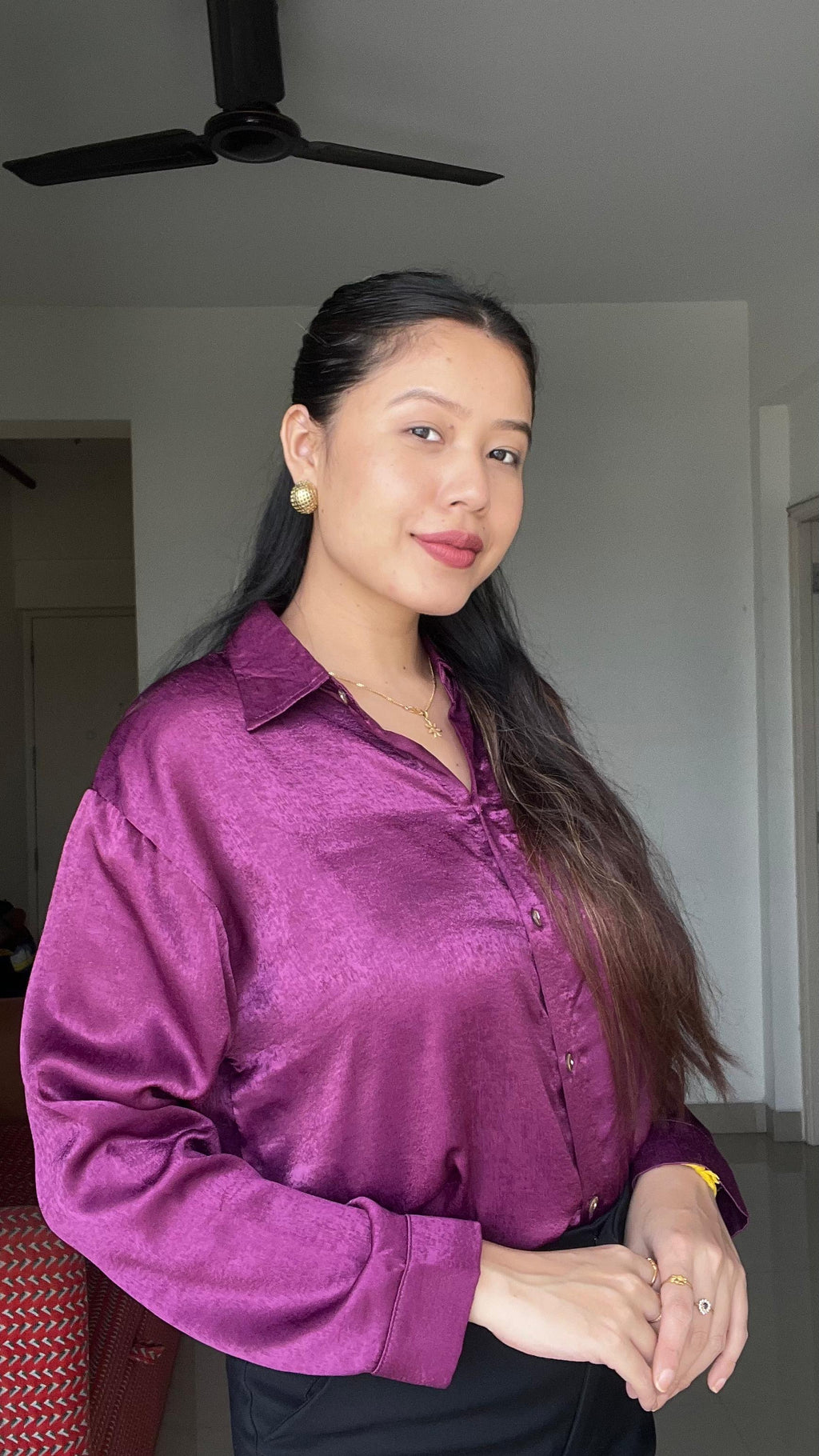 Midnight Azure Satin Abstract Blouse