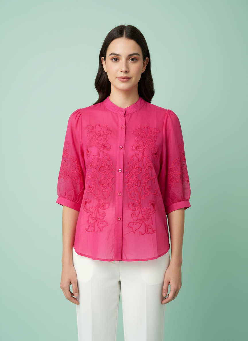 Fuchsia Floral Embroidered Mandarin Blouse