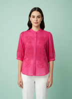 Fuchsia Floral Embroidered Mandarin Blouse