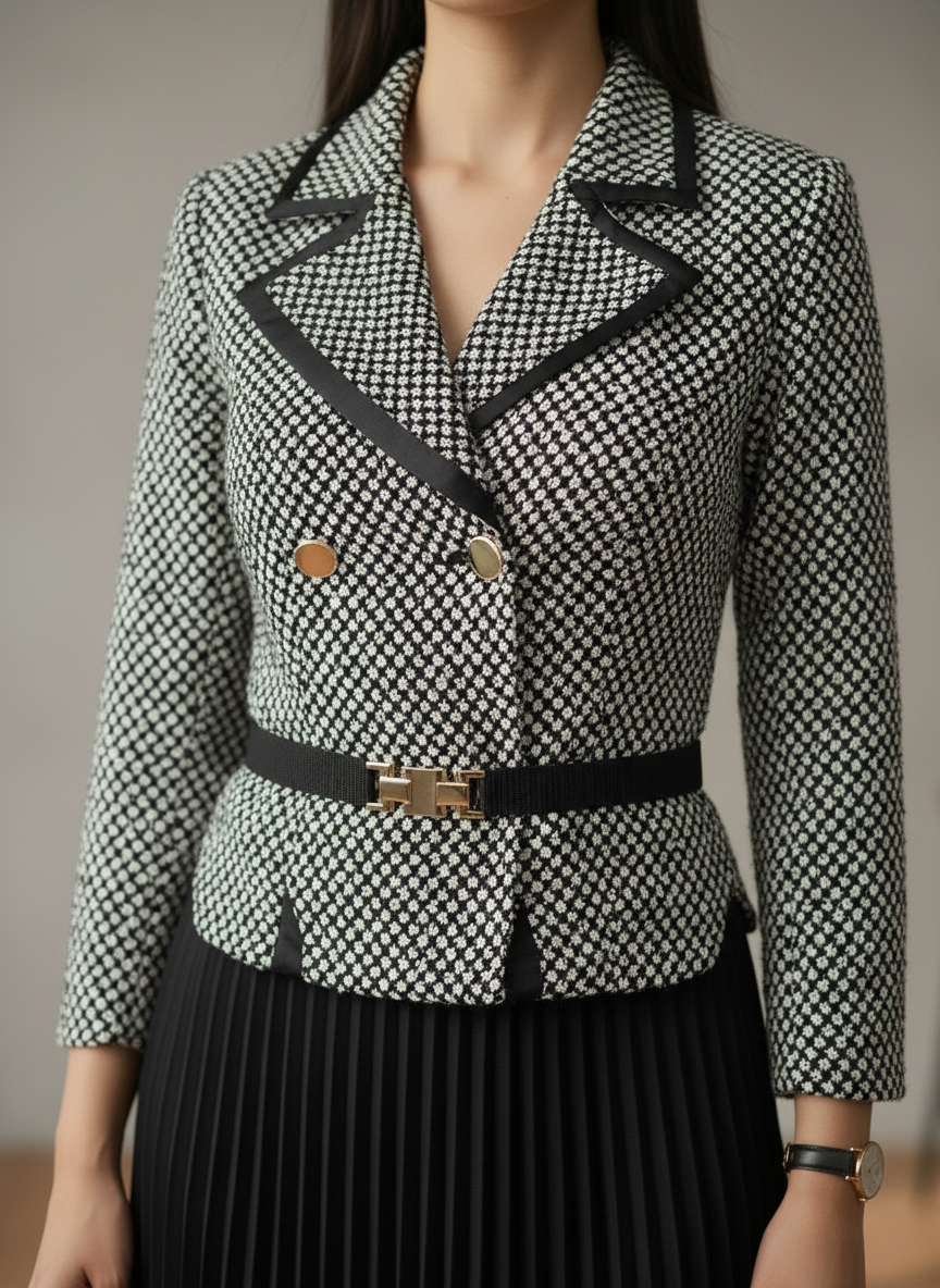 Monochrome Blazer-Style Pleated Midi Dress