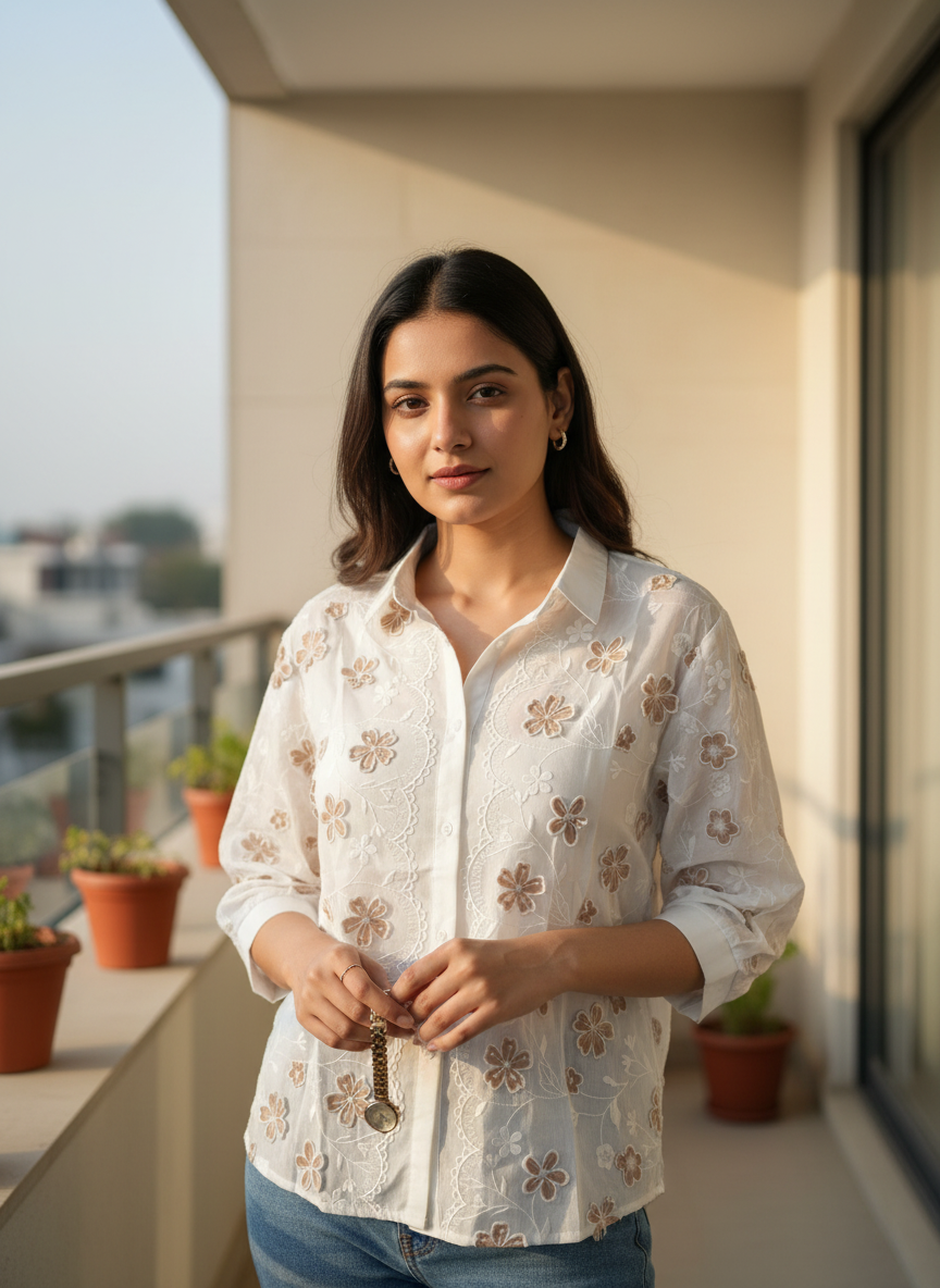 Sand-Toned Floral Cutwork Blouse