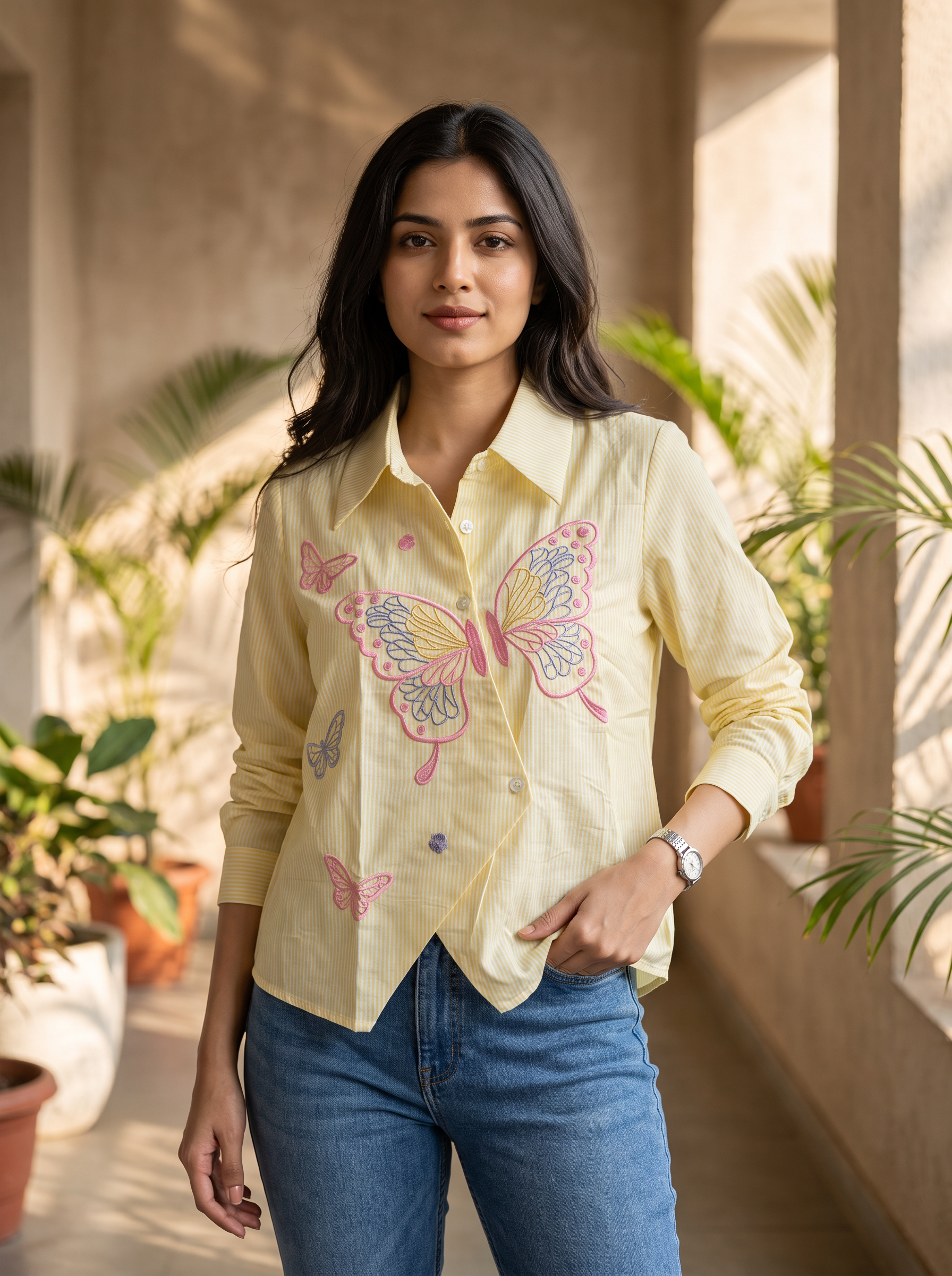 Striped Butterfly Embroidered Shirt