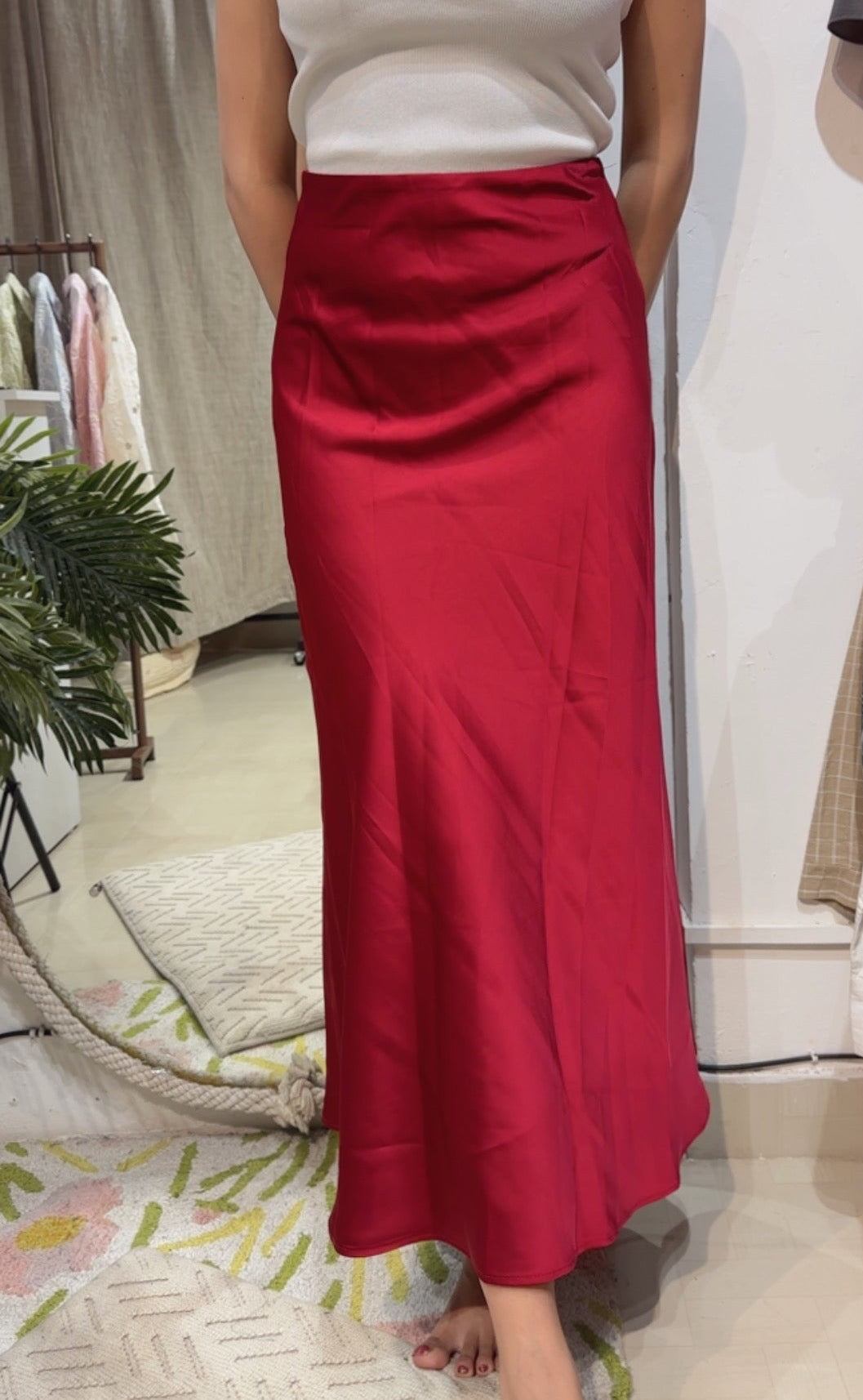The "Ruby Radiance" Satin Maxi Skirt