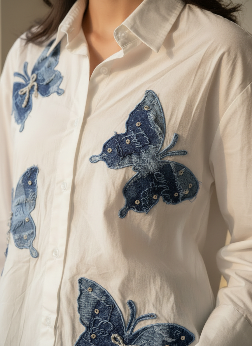 Indigo Butterfly Oversized White Shirt