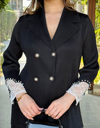 The Elara Lace-Trim Pleated Set- Black