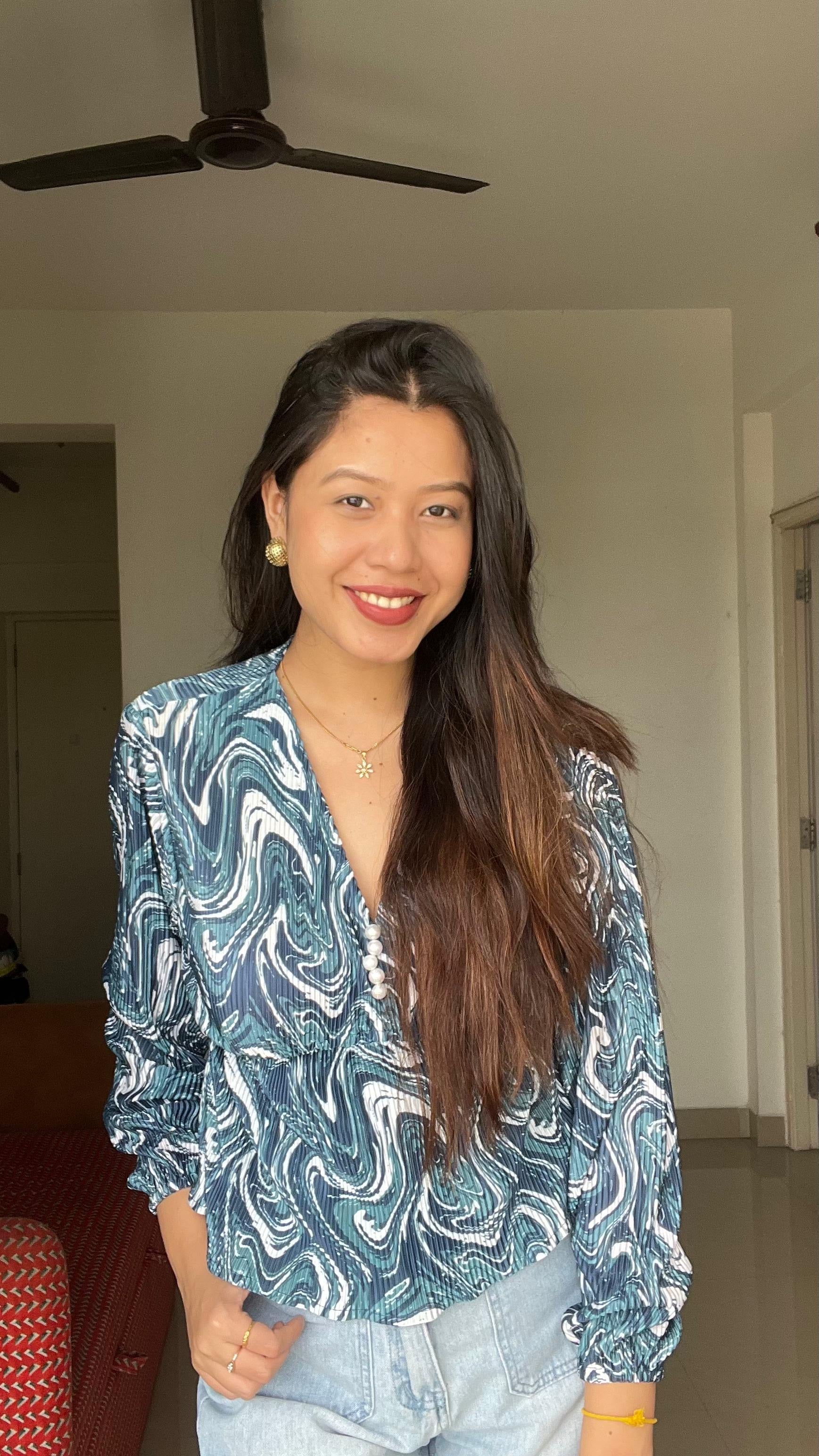 Azure Swirl Pleated Peplum Top