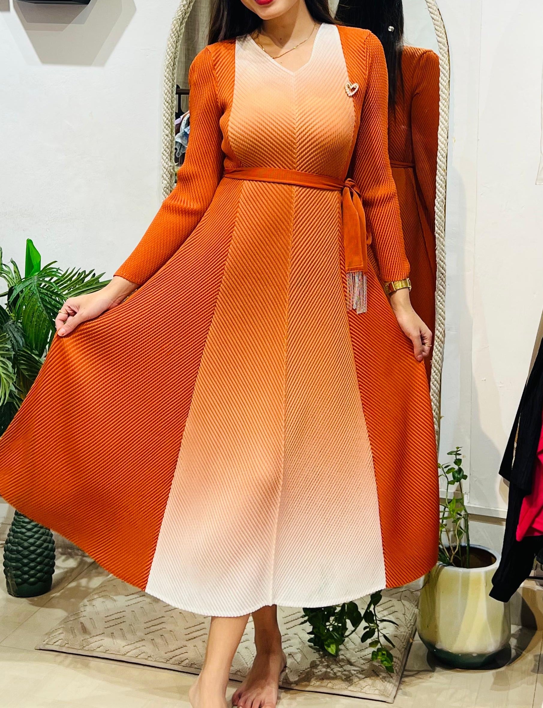 Ember Glow Ombré Pleated Midi