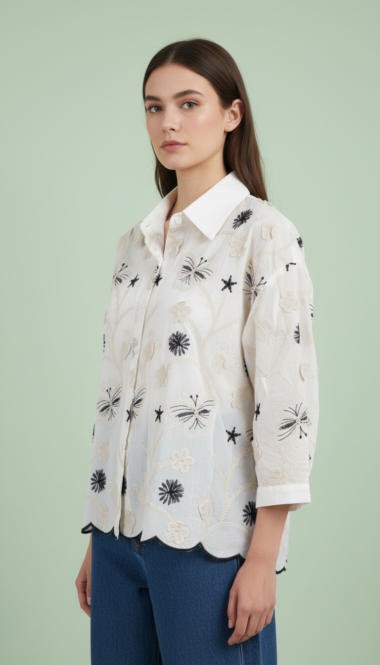Monarch Contrast Embroidered Scallop Shirt