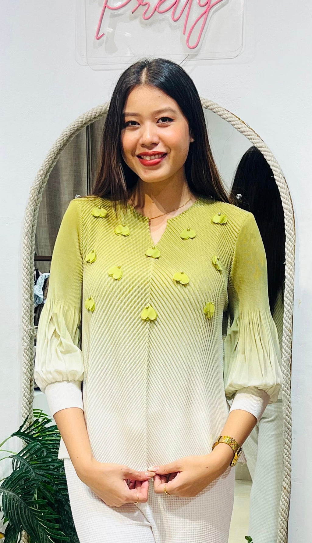 Ombré Petal-Accented Pleated Tunic Top