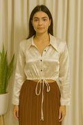 Satin Drawstring Button-Up Blouse