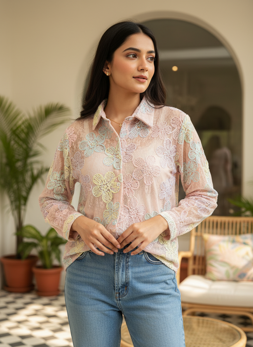 Candy Bloom Floral Lace Button-Down