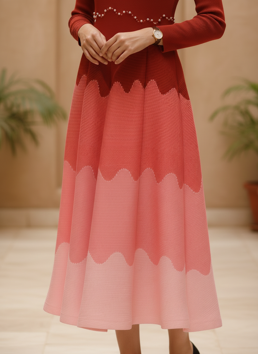 Rosé Ripple Pleated Midi Dress