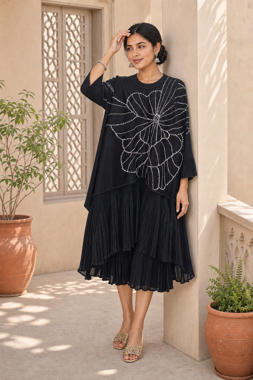 Black Pearl Pleated Dress