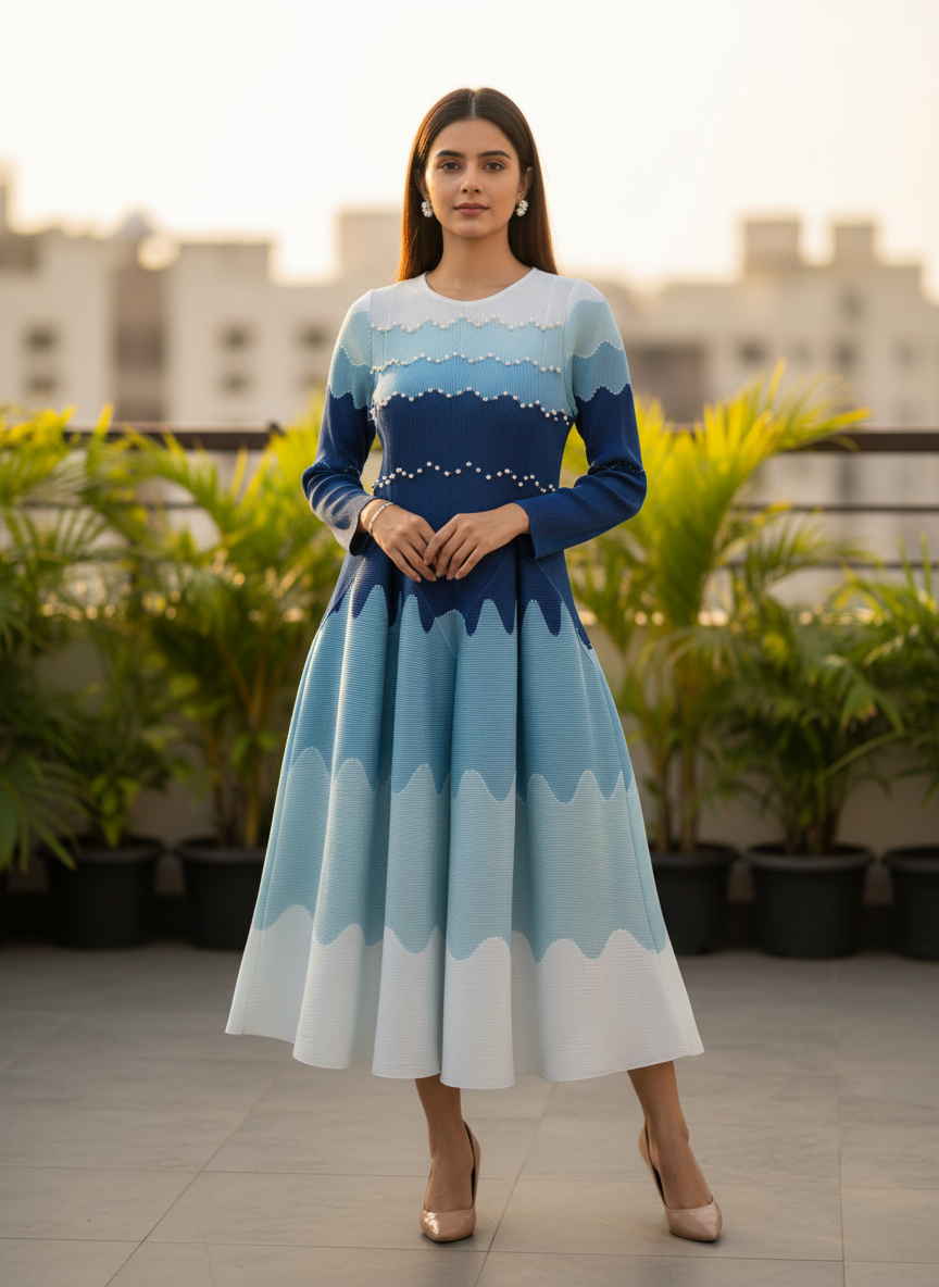 Blue Ripple Pleated Midi Dress