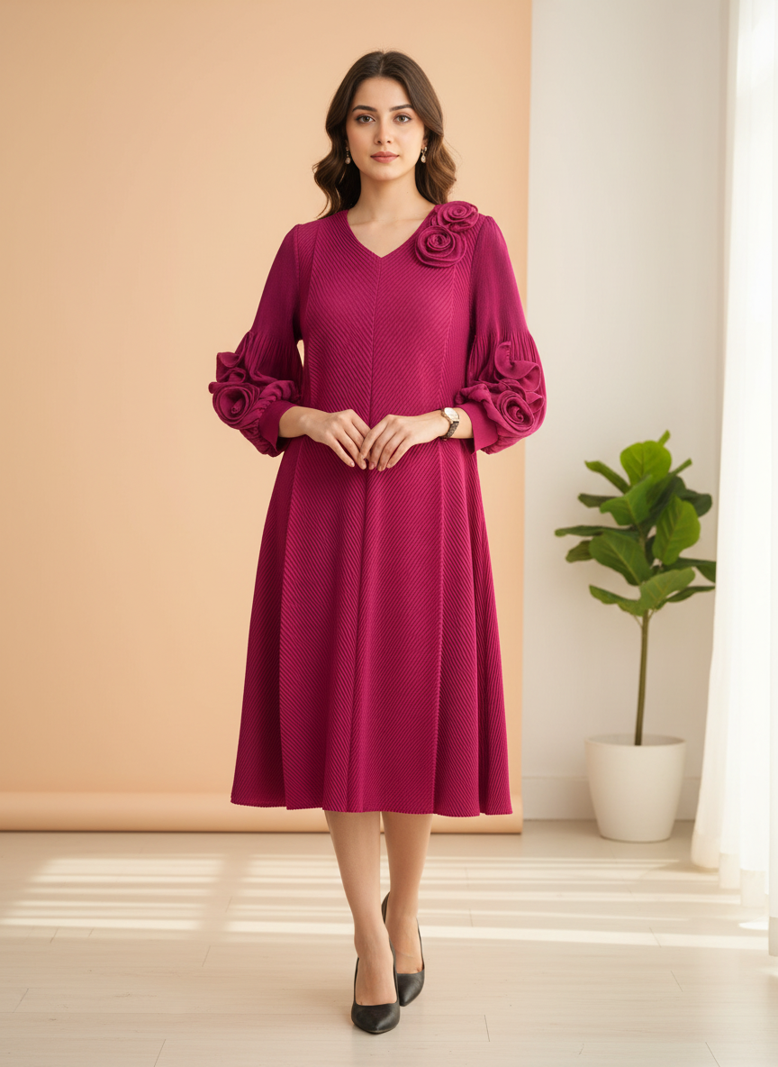 The Rosette Pleated Midi in Deep Fuschia